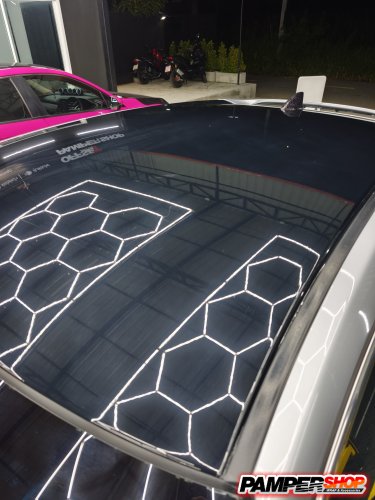 Honda Civic Fk หุ้มฟิล์มไฟหน้า TPH ดำอ่อนสุด / หุ้มฟิล์มไฟท้าย PVC ดำอ่อน / ฝาท้าย เคฟล่า หินอ่อน FROGED  / หลังคาดำเงาแก้ว PET