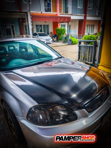 Honda Civic EK ตาโต หุ้มฝาหน้าเคฟล่า Epoxy PET + หุ้มฟิล์มไฟหน้า ดำอ่อน TPH