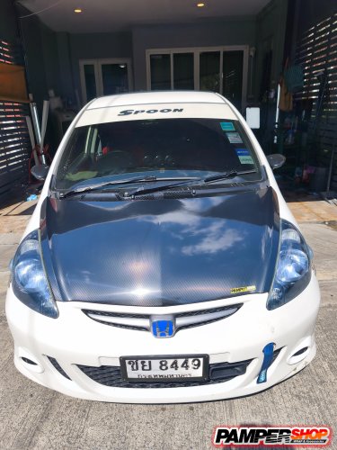 Honda Jazz GD หุ้มสติ๊กเกอร์เคฟล่าหน้าฝาหน้า Epoxy PET / ขัดไฟ+หุ้มฟิล์มไฟหน้า TPH 3 ปี สีฟ้าไฮบริด