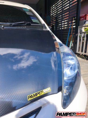 Honda Jazz GD หุ้มสติ๊กเกอร์เคฟล่าหน้าฝาหน้า Epoxy PET / ขัดไฟ+หุ้มฟิล์มไฟหน้า TPH 3 ปี สีฟ้าไฮบริด