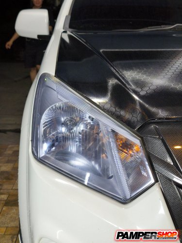 Isuzu Dmax หุ้มสติ๊กเกอร์เคฟล่าฝาหน้า รังผึ้ง เกรด PET / ขัดไฟ+หุ้มฟิล์มไฟ สีฟ้า ไฮบริด TPH